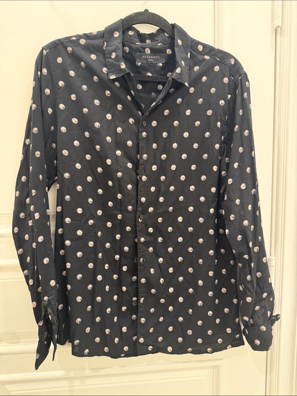 AllSaints Black Button-Down Shirt with White Polka Dots